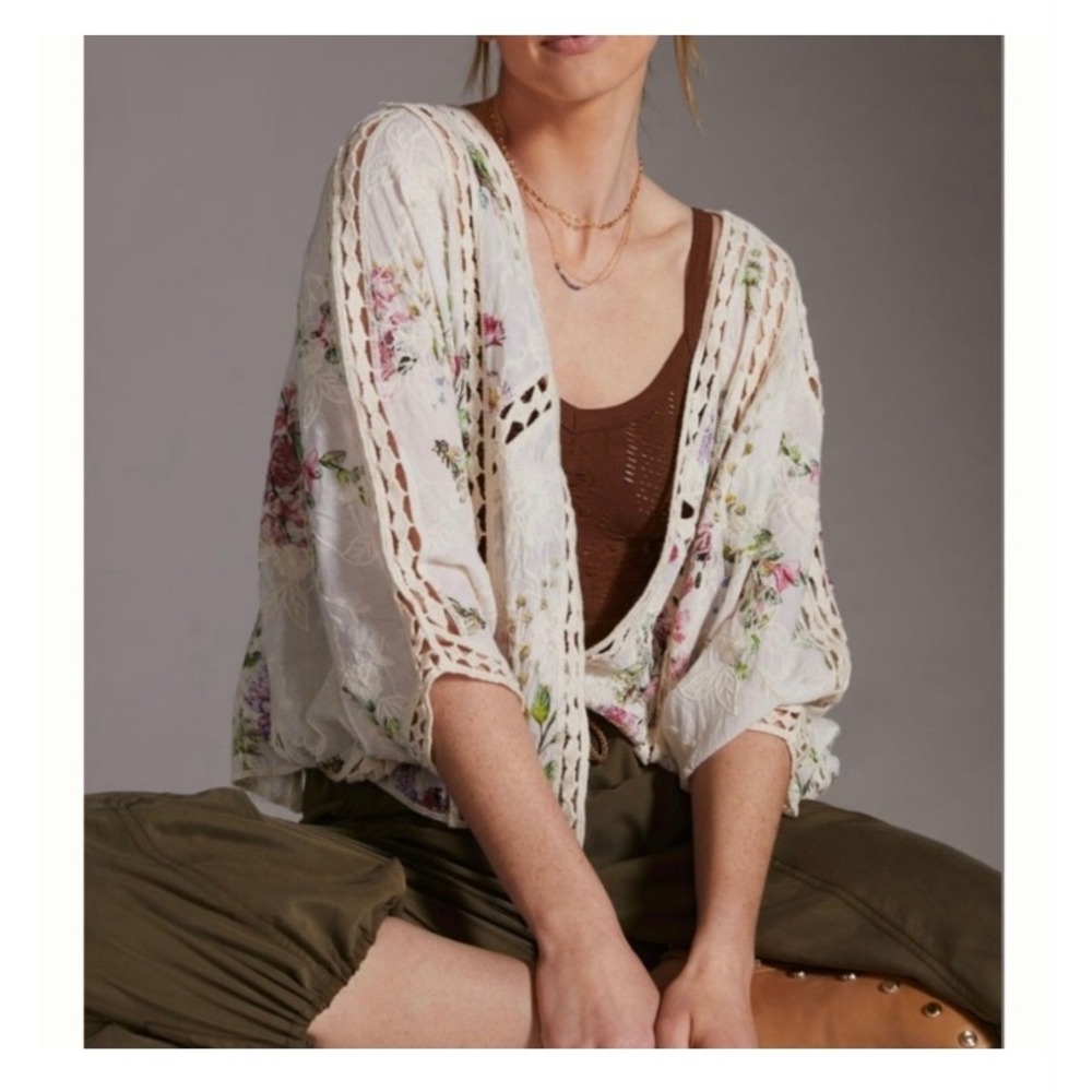 Rachel Rachel Roy Floral Kimono Shrug White Crochet Lace Trim Boho Open Front M